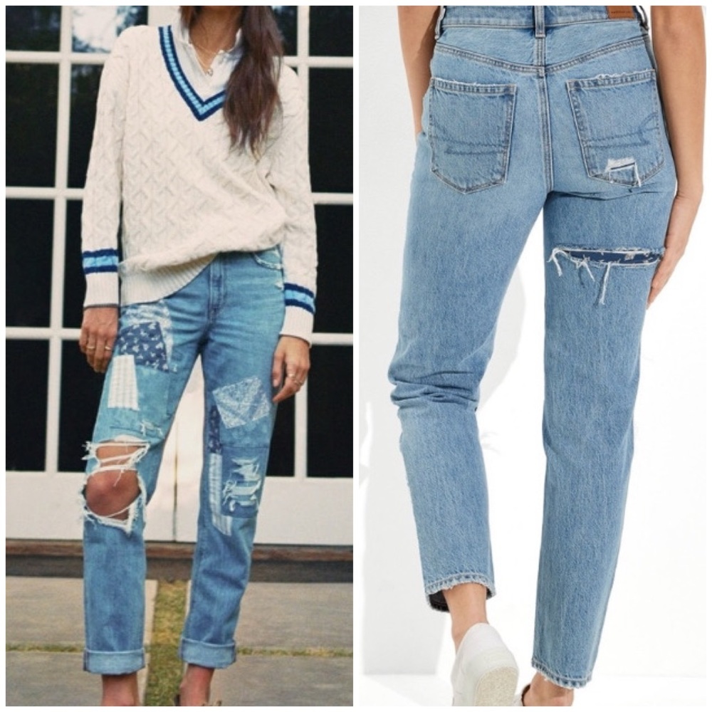 American Eagle Comfort Stretch Mom Straight Leg Patch Distressed Jeans